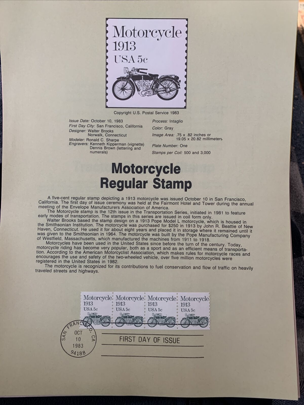 1913 Pope Model L Motorcycle Postage Stamp First Day Of Issue Oct,10,1983