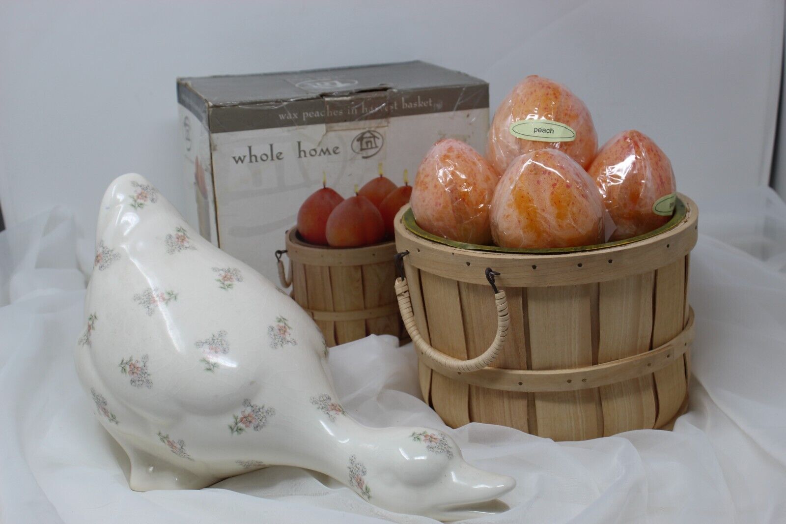 vintage ceramic Duck Deco, candles wax peaches in basket Country decor gift set