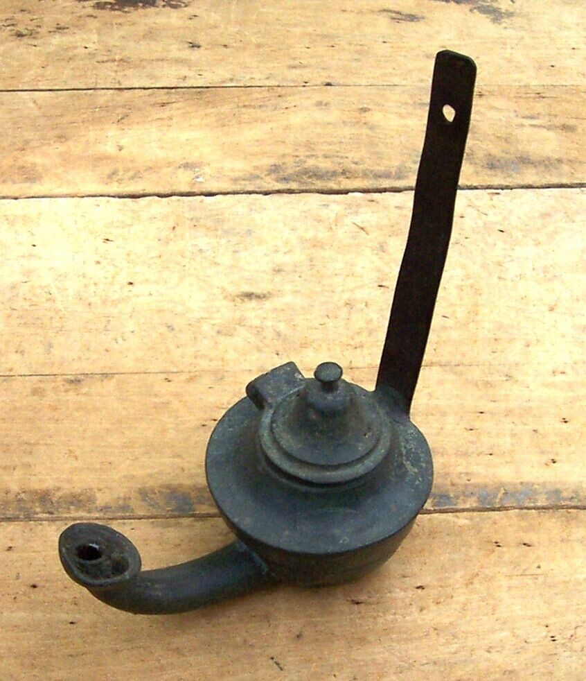 Antique Early 1800's Pewter or Bronze Hanging  Hinged Lid Miners Whale Oil Lamp