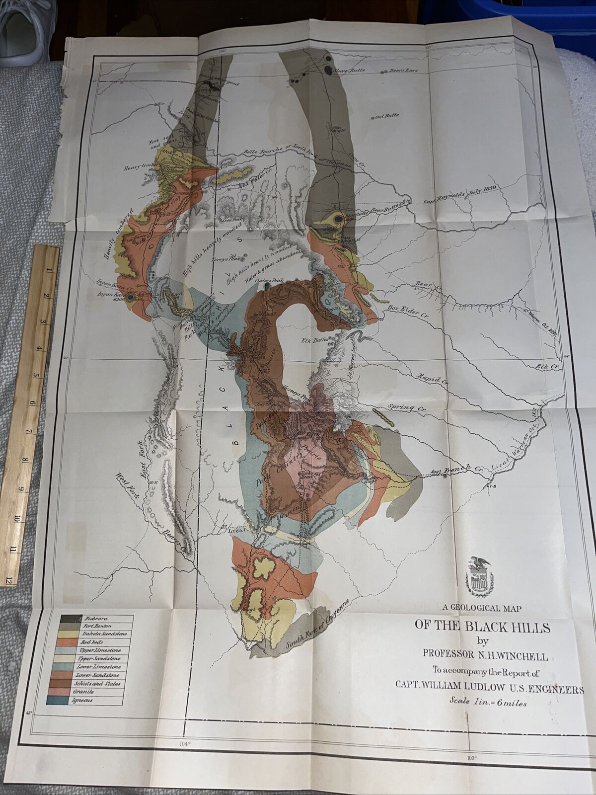 Antique US Engineers Map Geological Map of The Black Hills by Professor Winchell