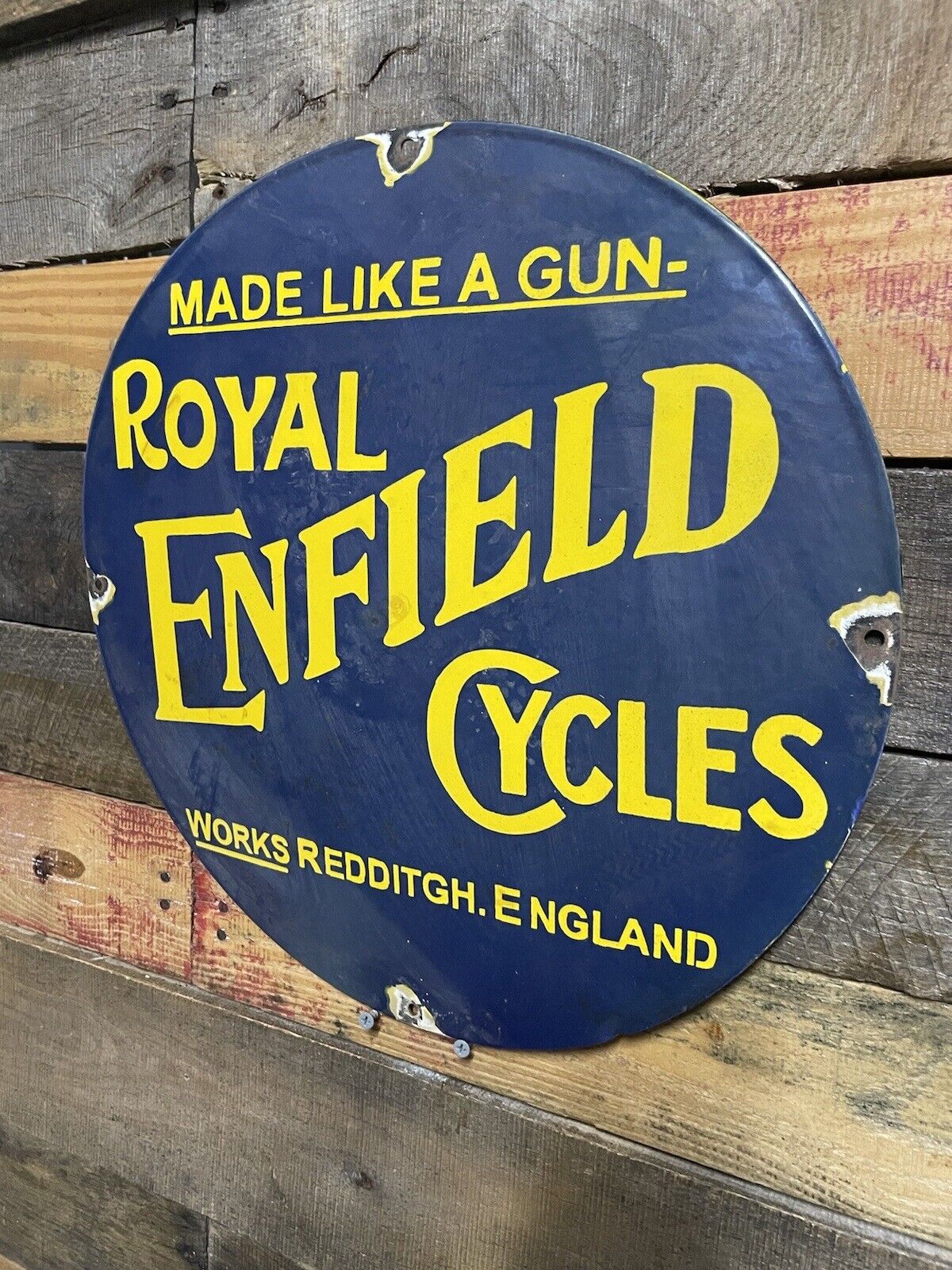 VINTAGE ROYAL ENFIELD PORCELAIN SIGN MADE IN ENGLAND LIKE A GUN MOTORCYCLE CYCLE