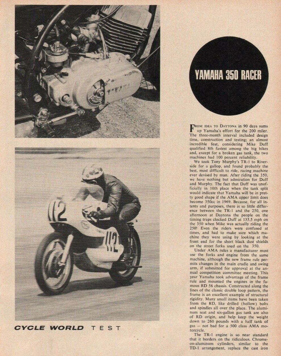 1967 Yamaha 350 Racer - 3-Page Vintage Motorcycle Article