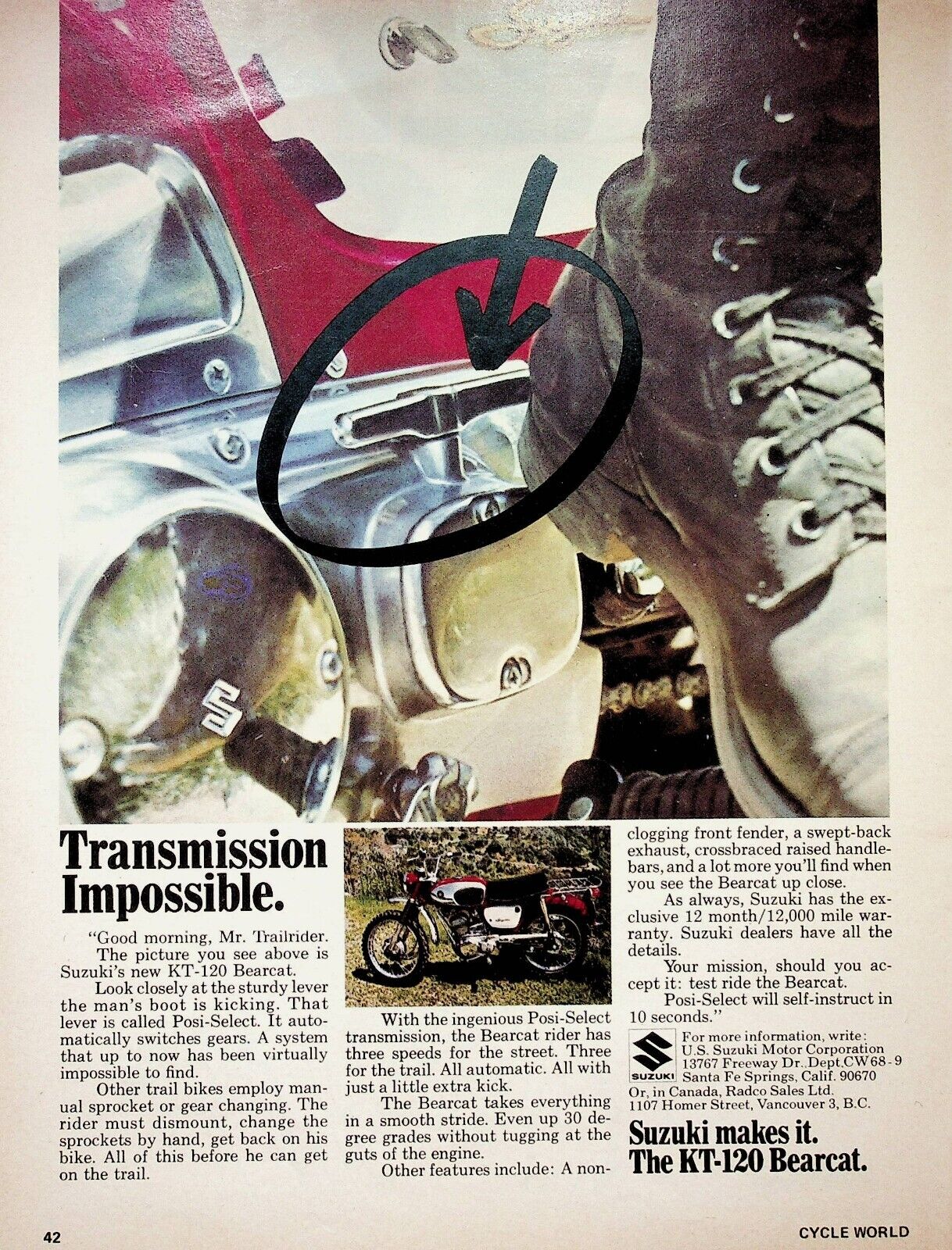 1968 Suzuki Bearcat KT120 Motorcycle Posi-Select Transmission - Vintage Ad