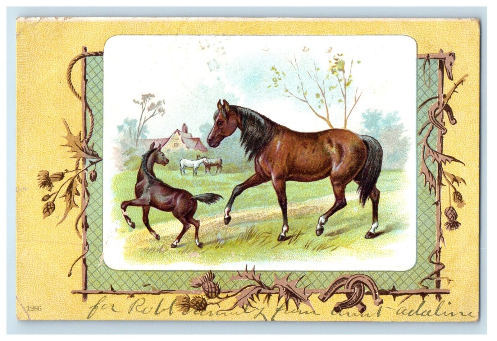 1907 Horses Scene At Farm Horseshoe Pinecone Rope Posted Antique Postcard