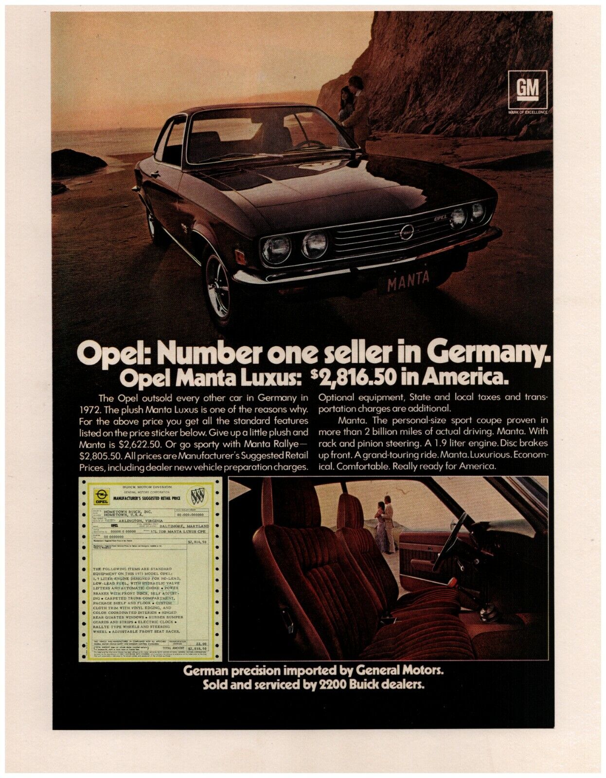 1973 GM Opel Manta Luxus Original Print Ad ~ Fast Shipping ~ Manta Rallye car