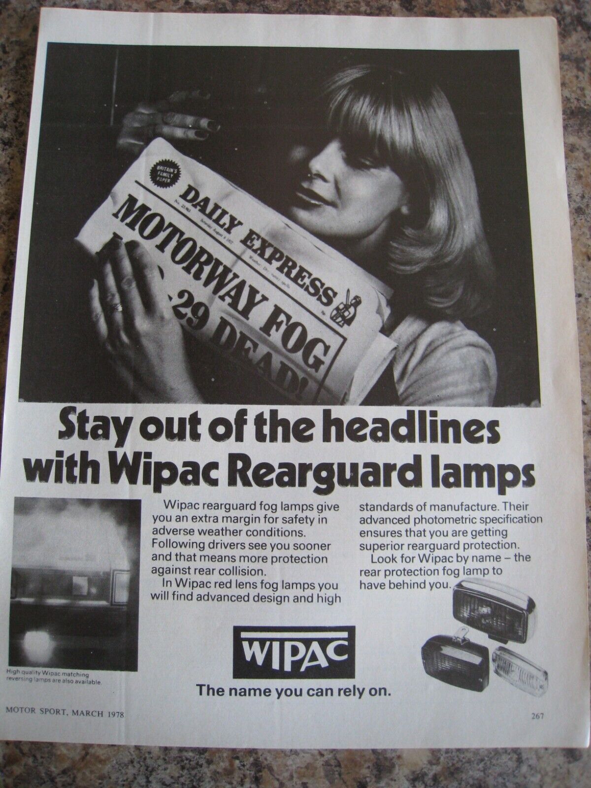 STAY OUT OF HEADLINES WITH WIPAC REARGUARD FOG LAMPS 1978 ADVERT A4 FILE 36