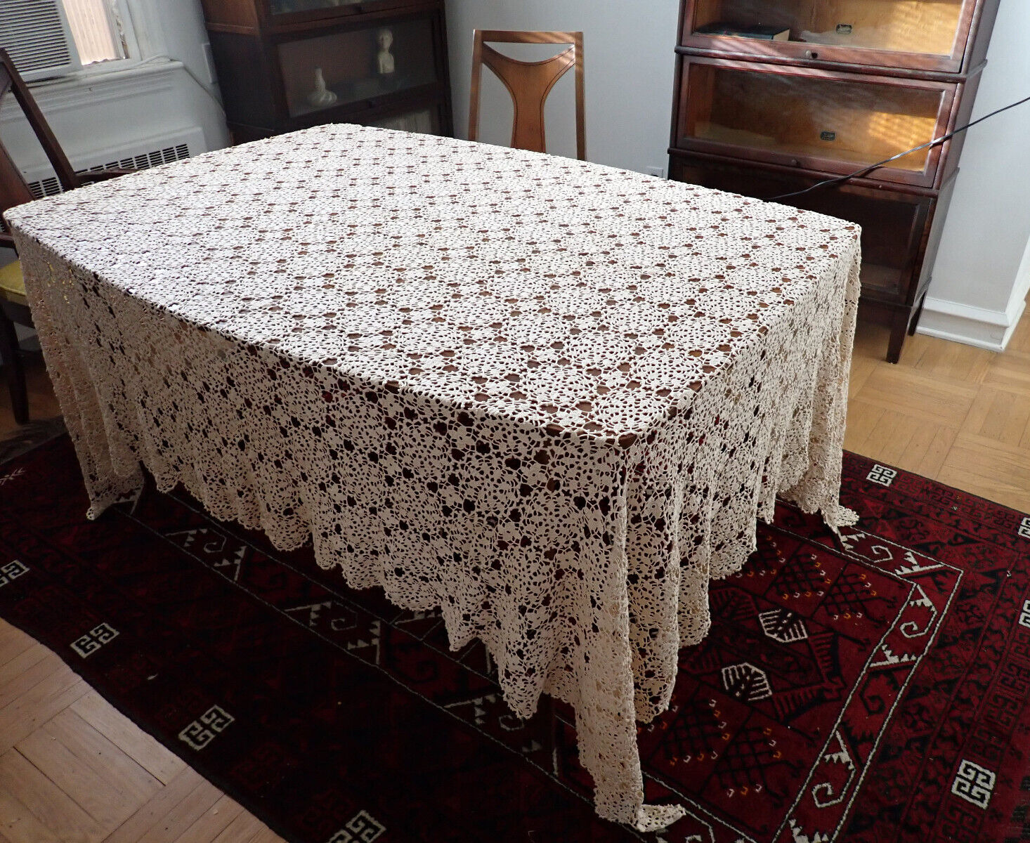 Antique Hand Crochet Holiday Tablecloth Cream or Ecru Cotton 88X80 Rectangular