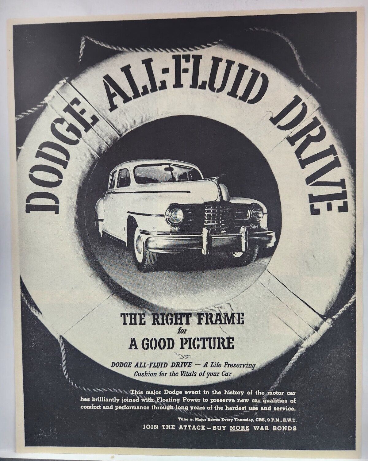 1944 Dodge All Fluid Drive Car Vintage WWII Era Print Ad Man Cave Poster Art 40s