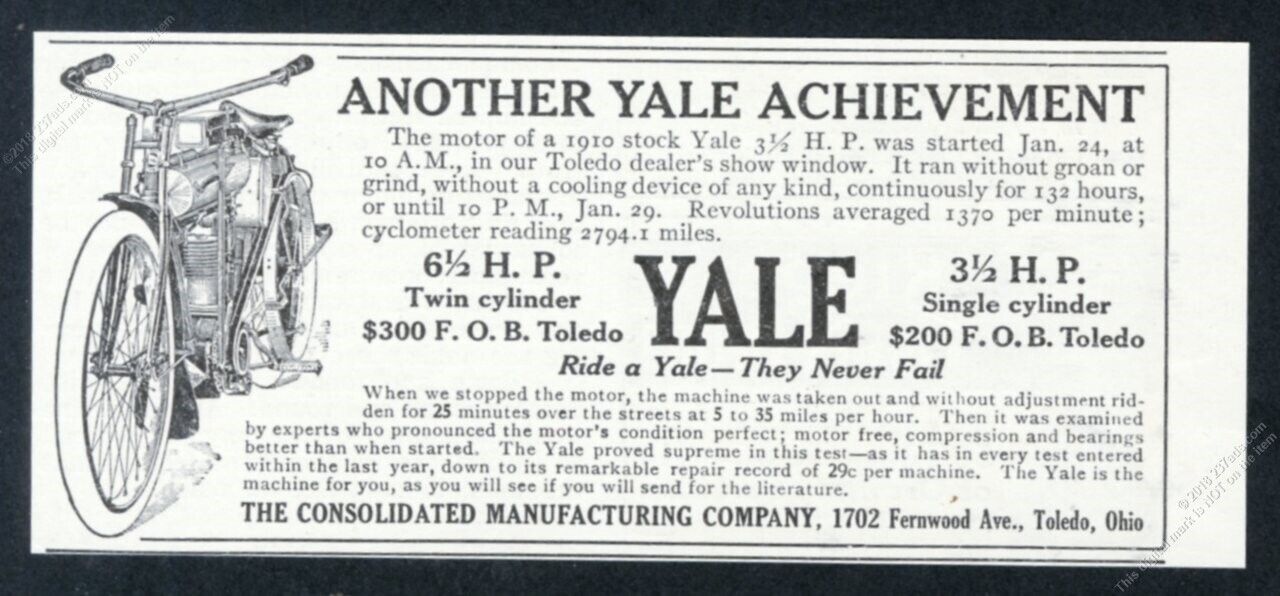 1910 Yale motorcycle illustrated vintage print ad