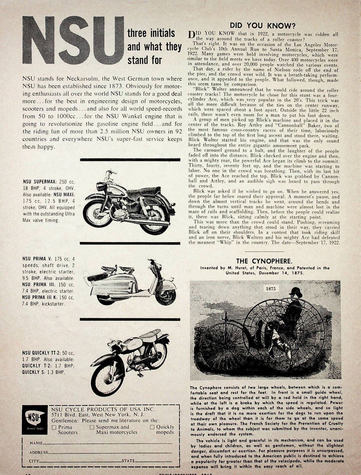 1960 NSU Supermax Cynophere Blick Wolter Roller Coaster - Vintage Motorcycle Ad