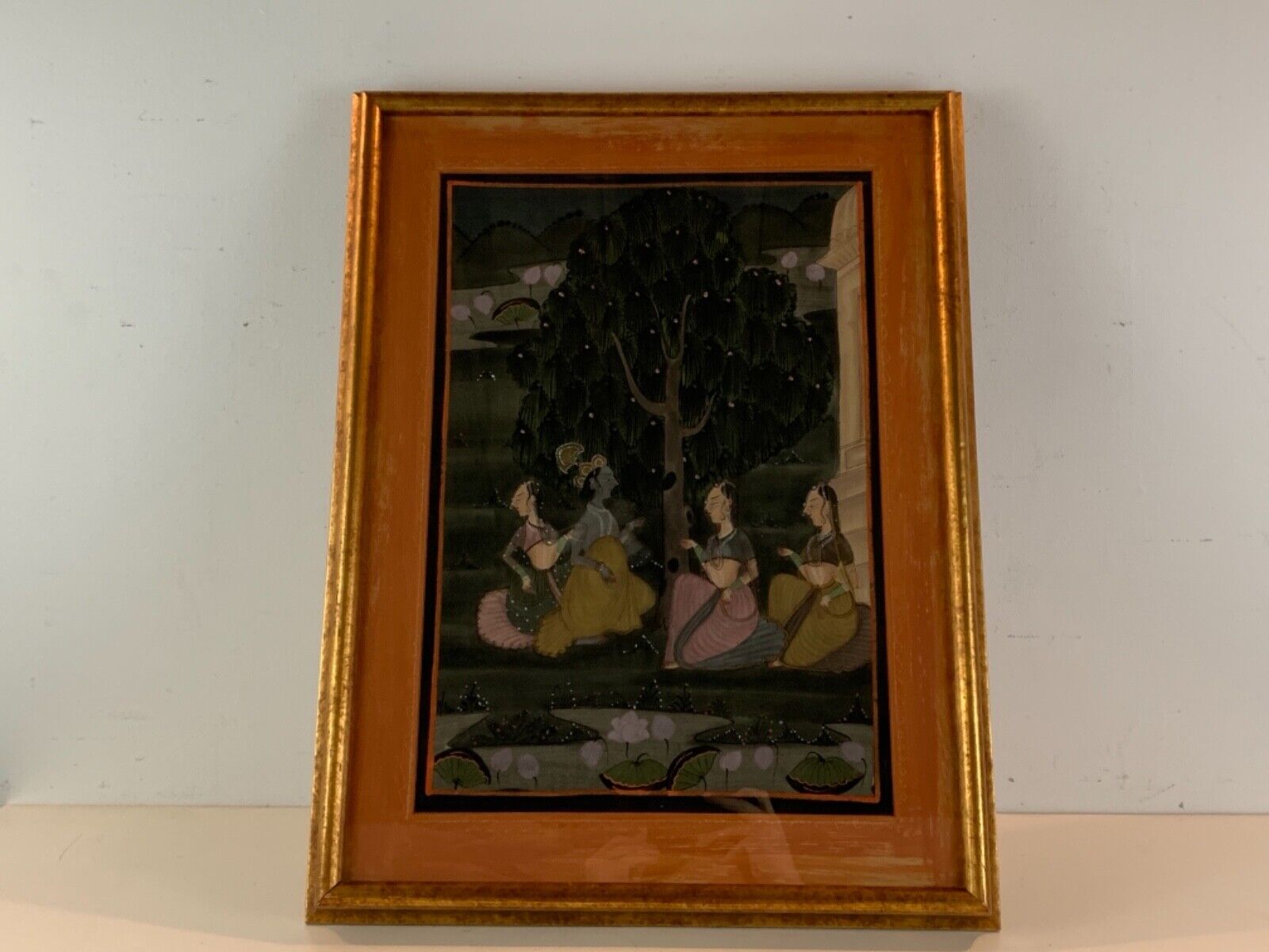 Vtg Indian Painting on Silk of Hindu God Krishna Under Tree w/ Worshipers Framed