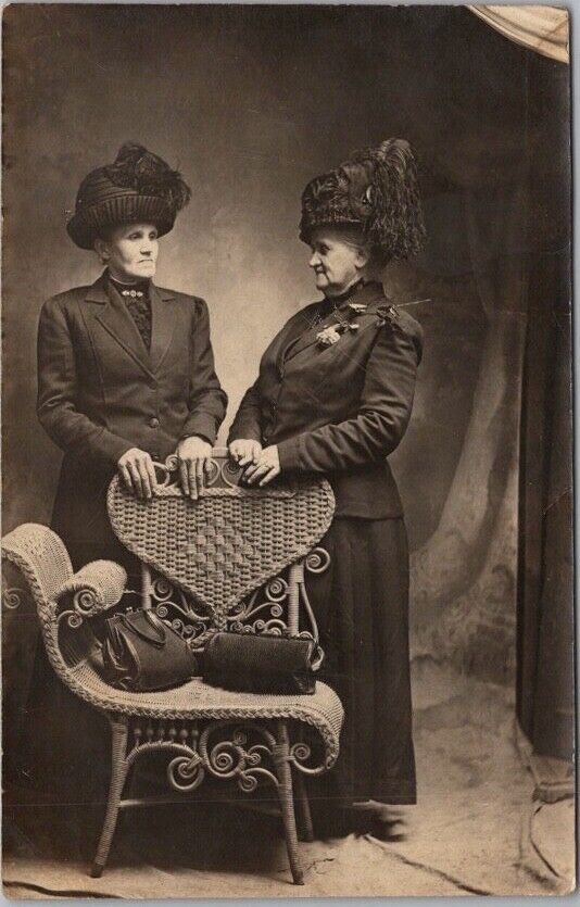 1910s Studio Photo RPPC Postcard 2 Older Women /Black Dresses Large Hats Fashion