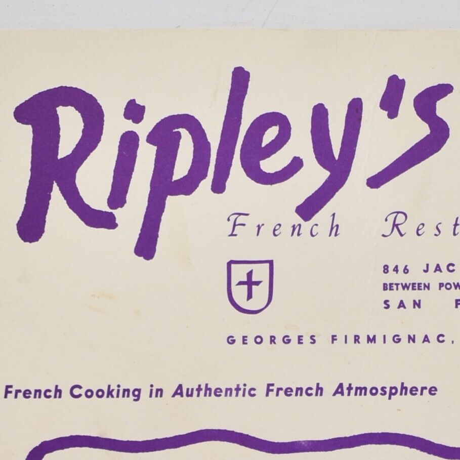 1950s Ripley's Restaurant Menu 846 Jackson Street Powell Stockton San Francisco