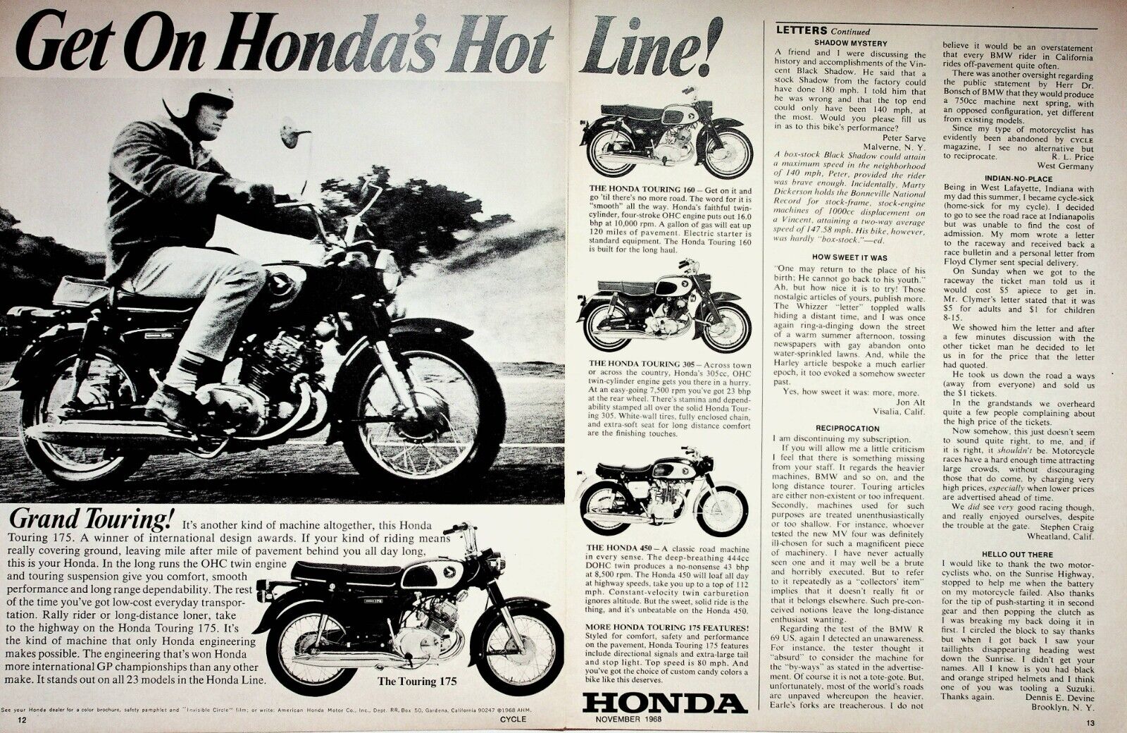 1968 Honda Touring Motorcycles 175 160 305 450 - 2-Page Vintage Ad