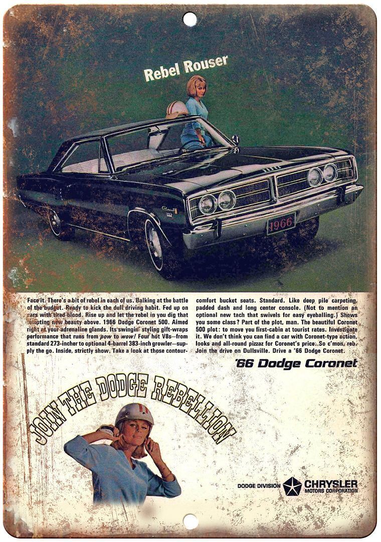 1966 Dodge Coronet Rebellion Vintage Car Ad Reproduction Metal Sign A225