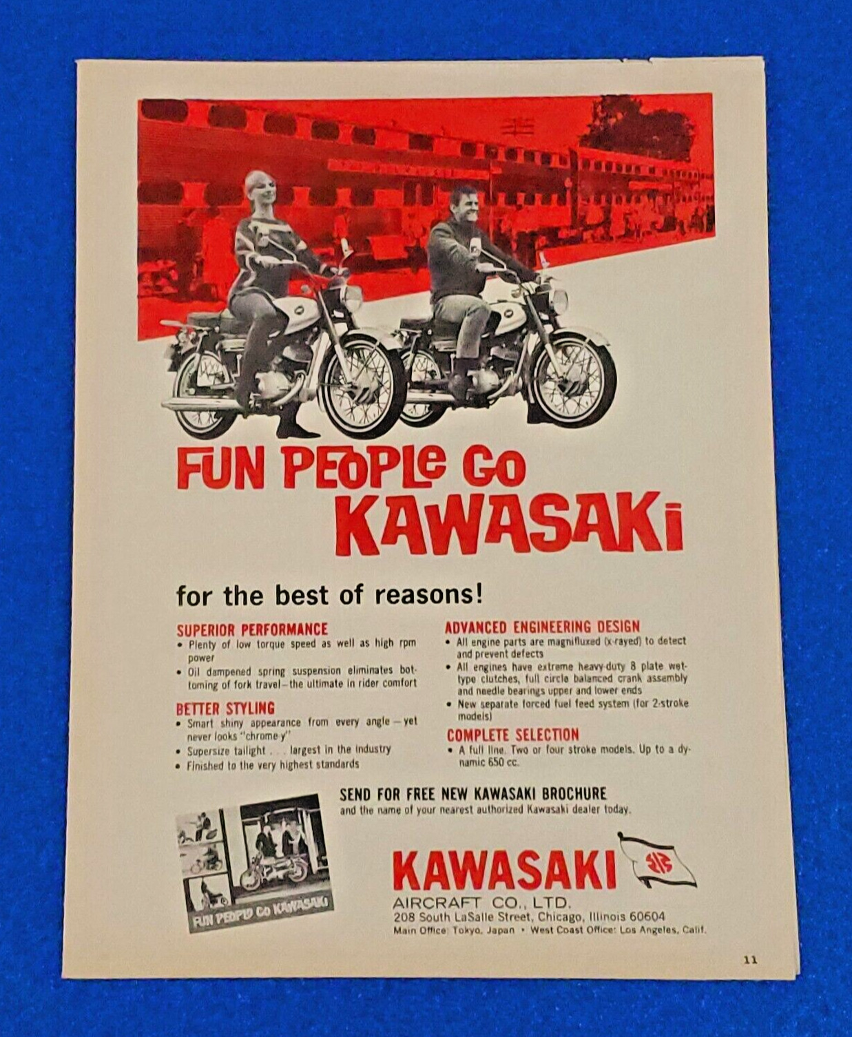 1966 KAWASAKI MOTORCYCLE ORIGINAL COLOR PRINT AD \