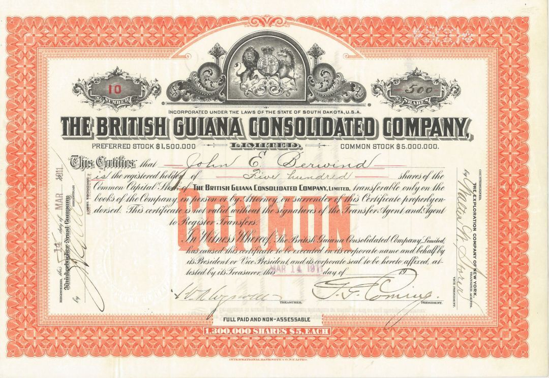 British Guiana Consolidated Co., Limited - 1911 dated Stock Certificate - Foreig