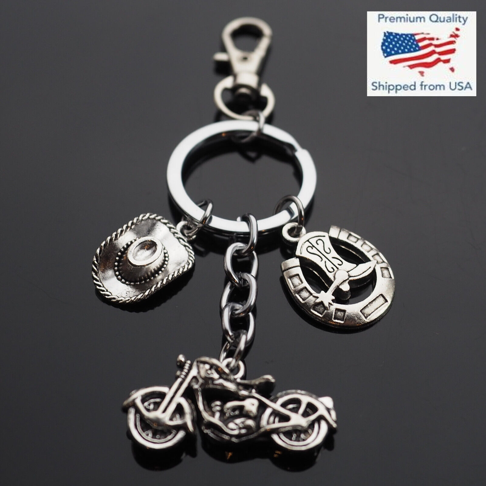 Classic Motorcycle Cowboy Hat Horseshoe & Boot Spur 3-Charm Keychain Clip Gift