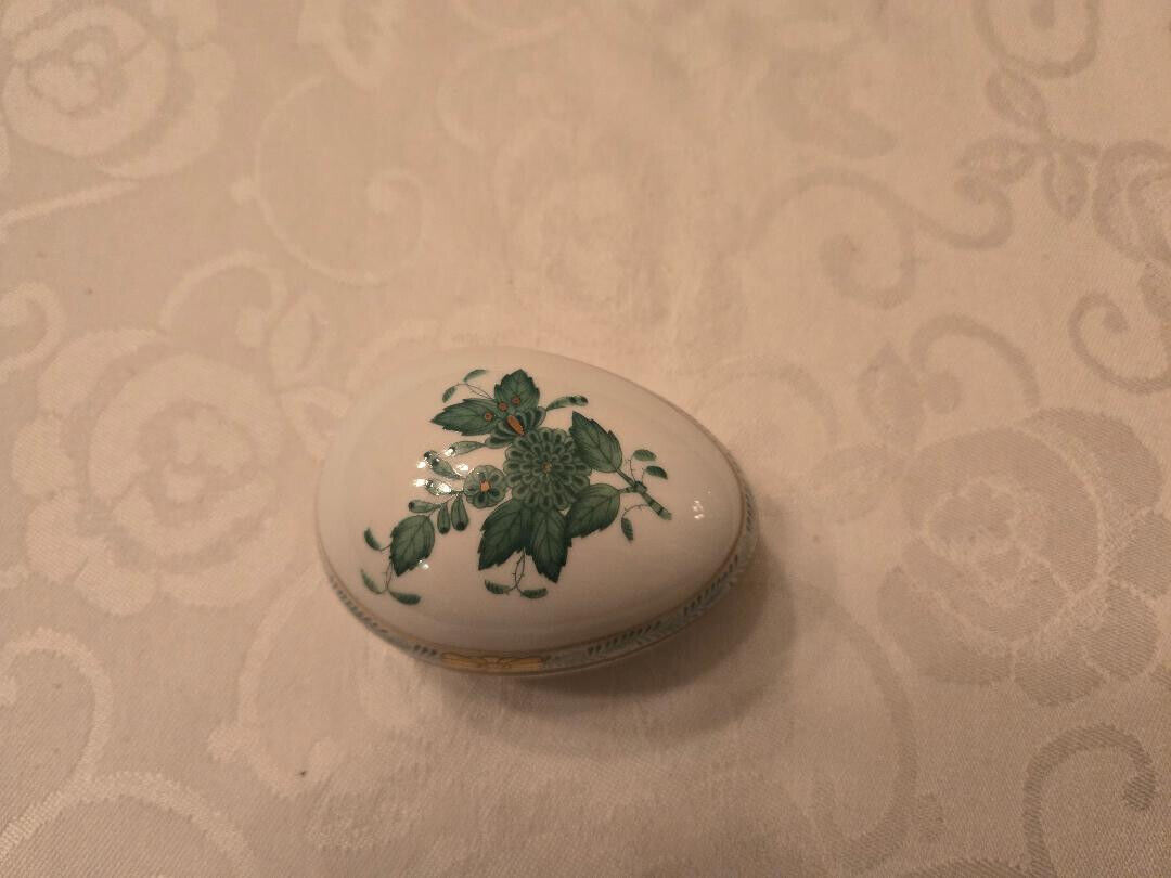Vtg Hand Painted Herend Hungary Egg Trinket Dish-Chinese Bouquet Green Pattern