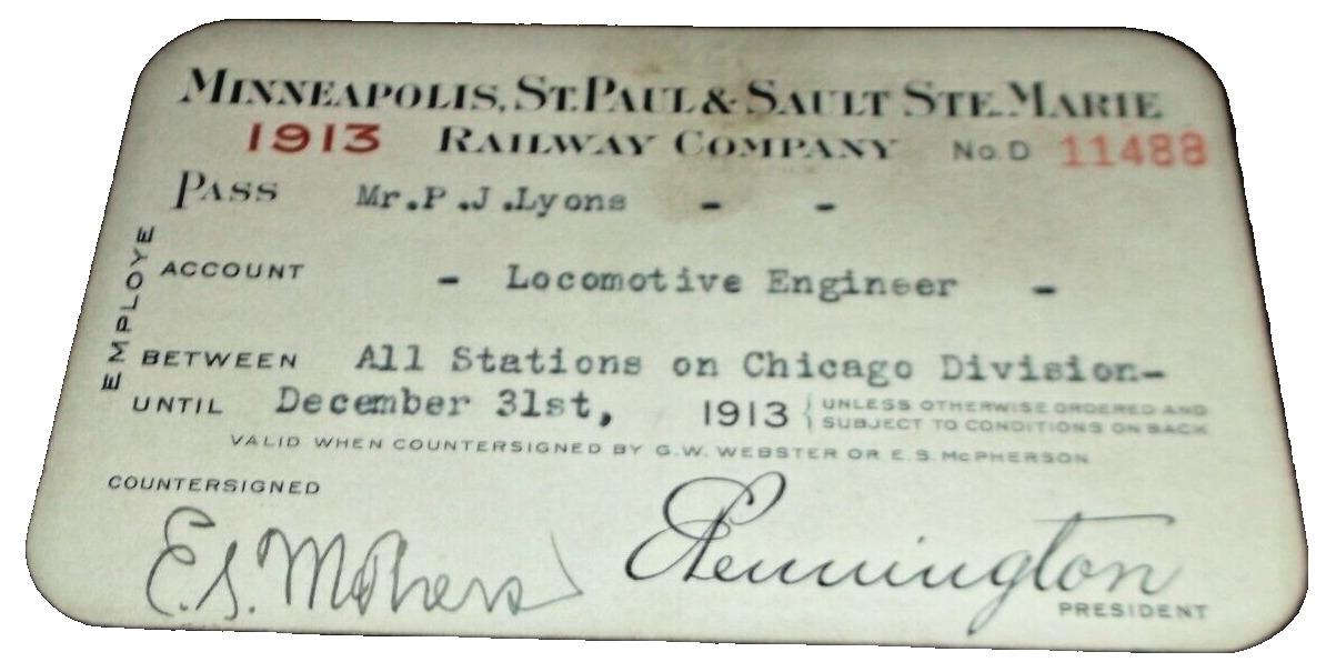 1913 SOO LINE RAILWAY EMPLOYEE PASS #11488