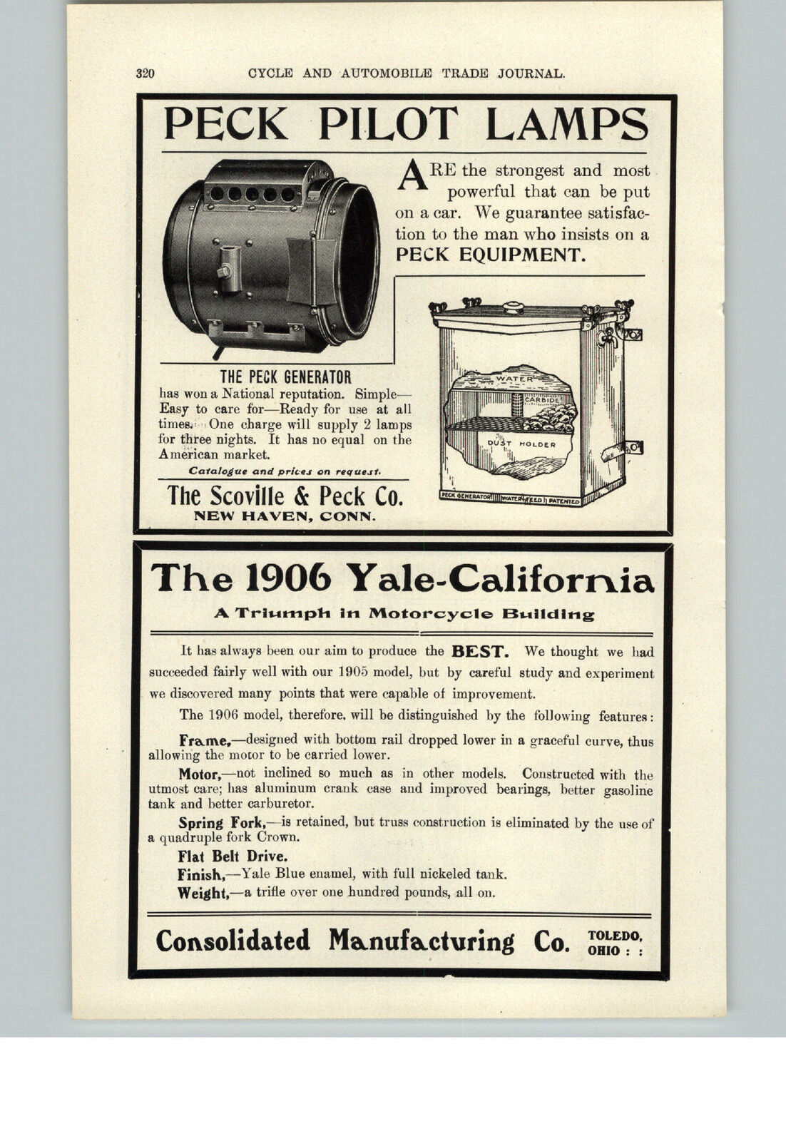 1905 PAPER AD 1906 Yale California Motorcycle Car Automobile Scoville Peck Lamp