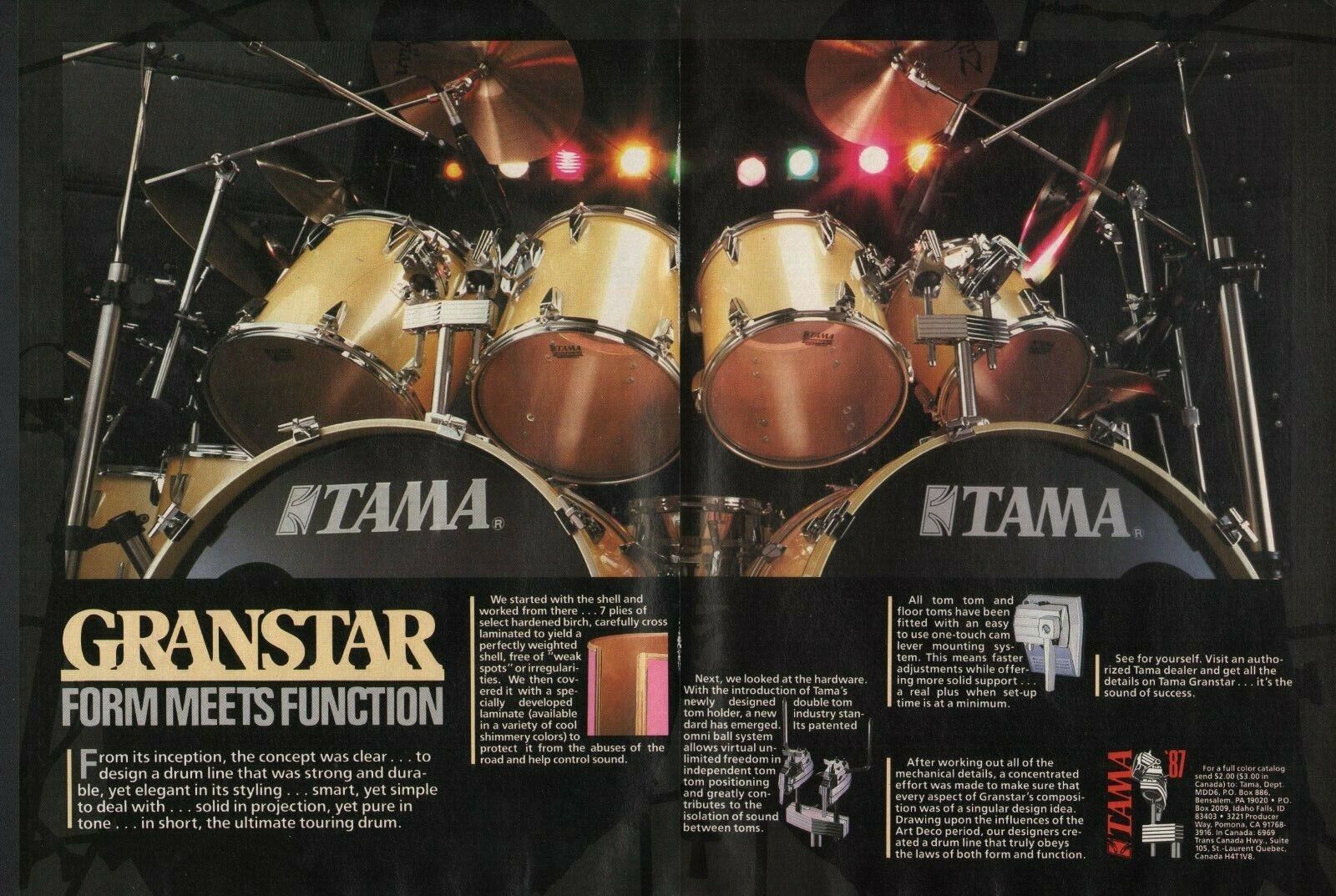 1987 2pg Print Ad of Tama Granstar Drum Kit