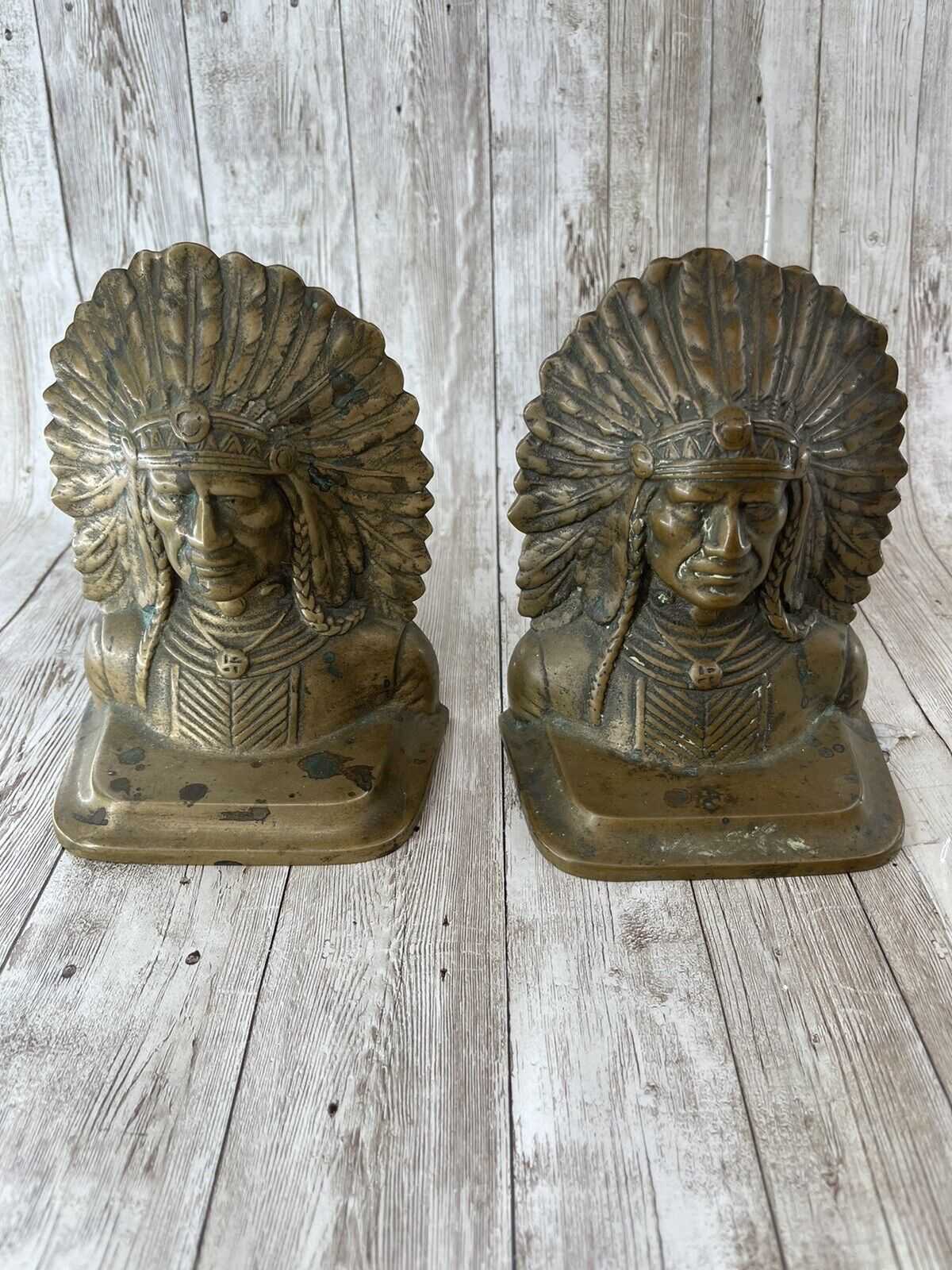 Vintage Bookends Solid Brass Indian Chief Head Western Decor 9 Pounds