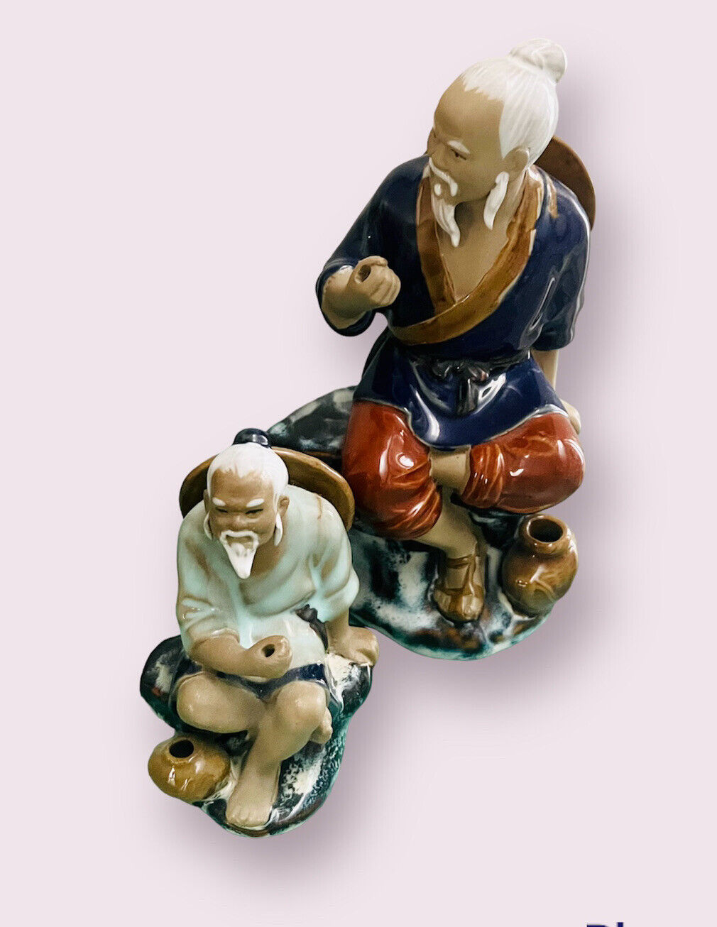 Vintage 2 Big Small Wanjiang SHIWAN Mudman Fisherman  Oriental Figurines China