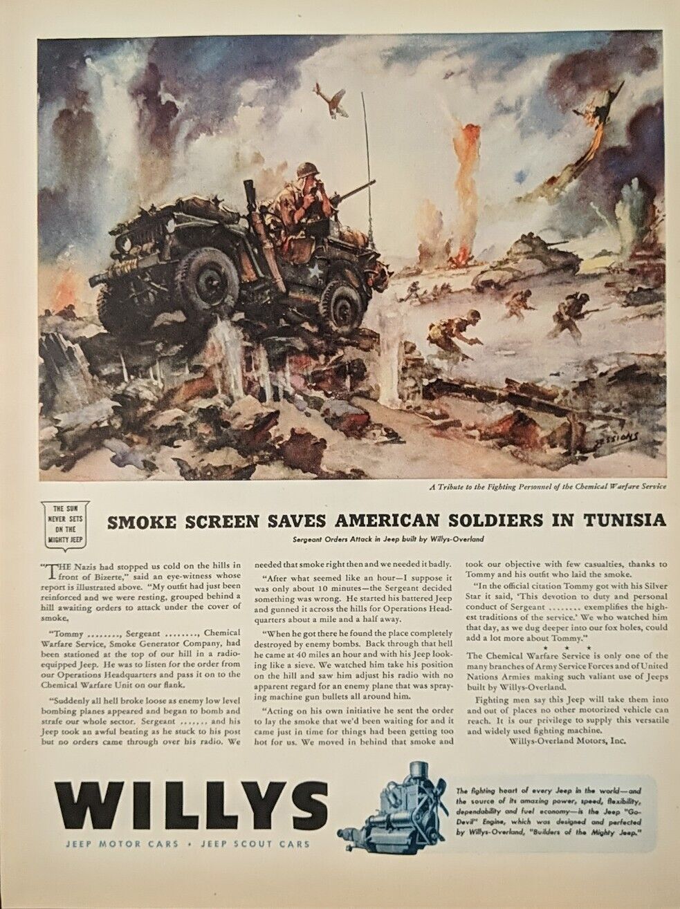 1944 WW2 Buy War Bonds, Allied Forces Willy\'s Jeep Print Ad  Smoke Tunisia 