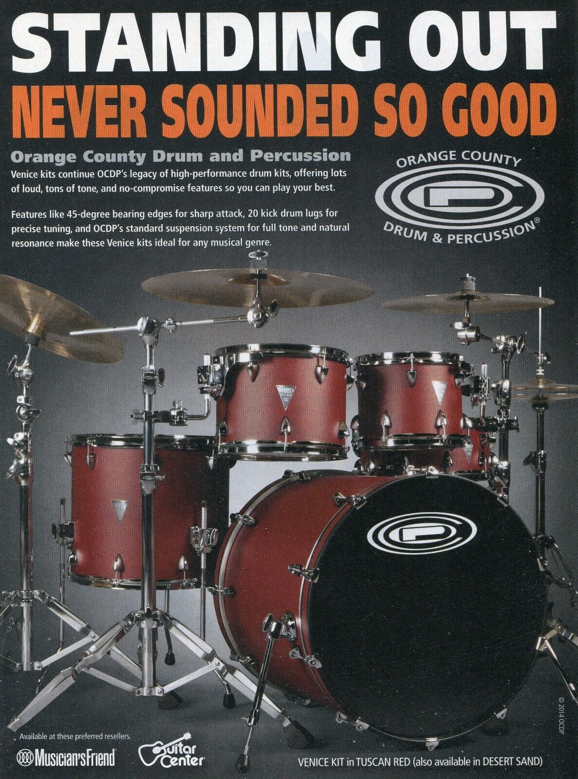 2014 Print Ad of OCDP Orange County Drum & Percussion Venice Tuscan Red Kit