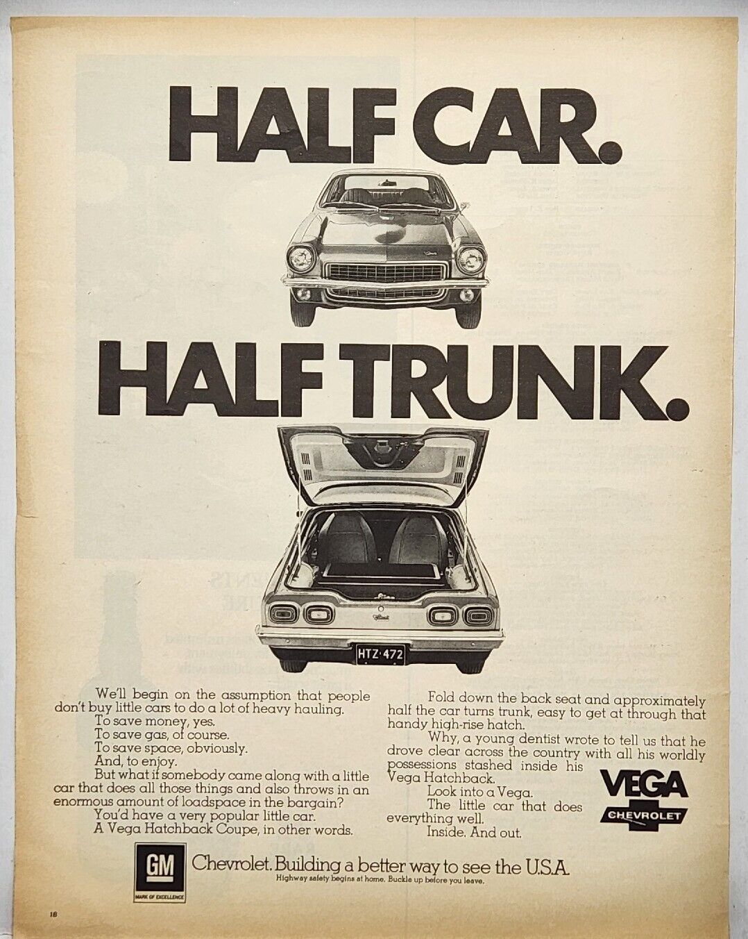 1972 Chevrolet Vega Hatchback Coupe Vintage Print Ad Man Cave Poster Art 70\'s