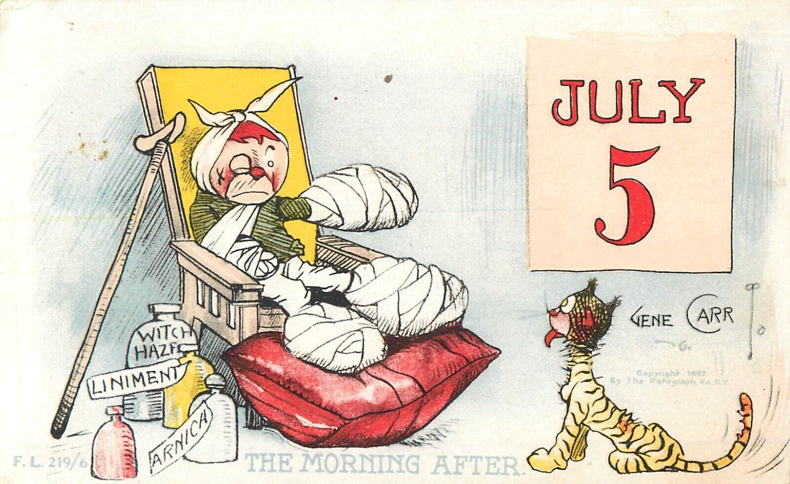 S/A Postcard Gene Carr 4th Of July Bandaged Child and Cat on July 5th, 219/6