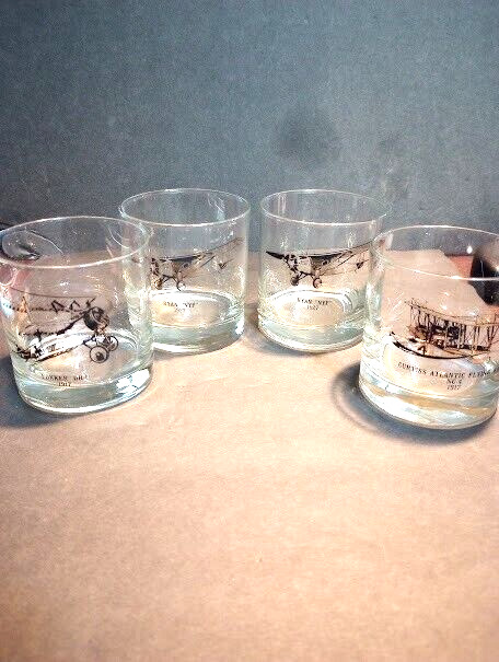Set of 4 Vintage Airplane Bar Glasses, Tumbler, Whiskey Glasses, 3.5 Inches Tall