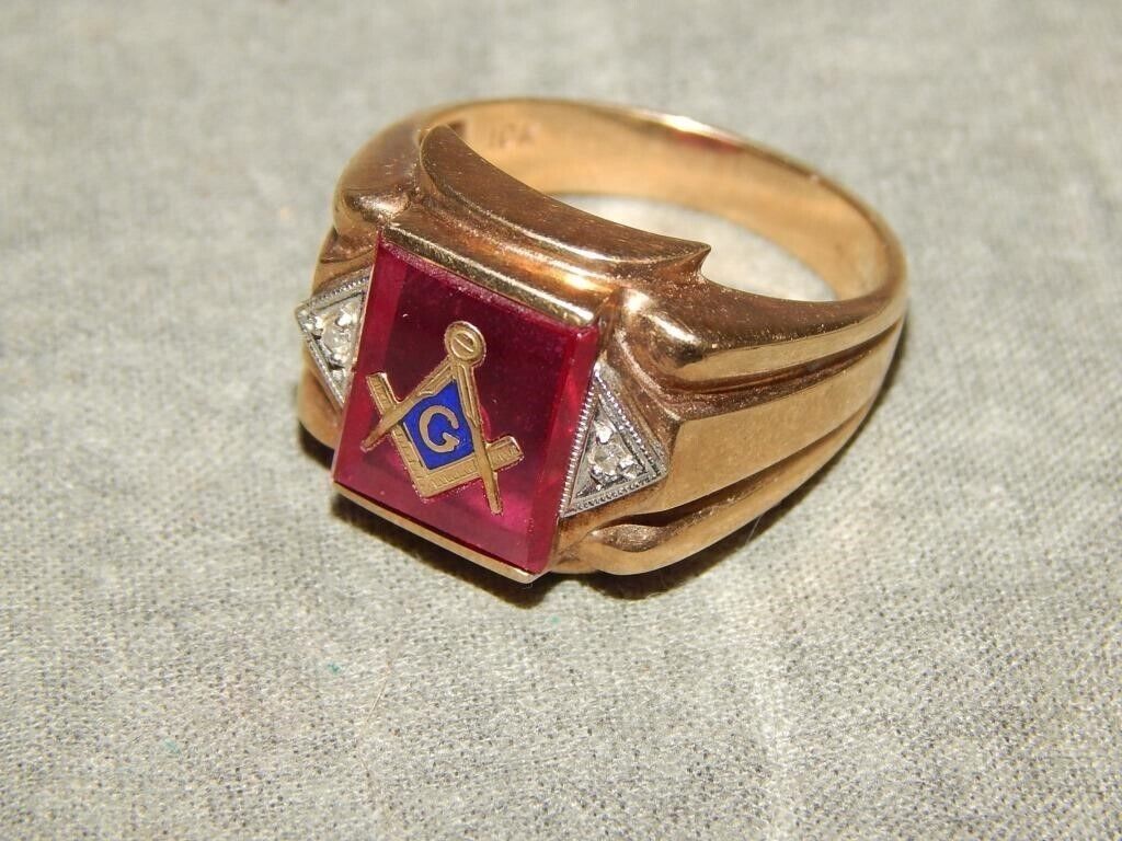 Vintage 10k Gold Ruby? Diamonds? Freemason Masonic Ring 7.8 Grams  Size 9.5-10