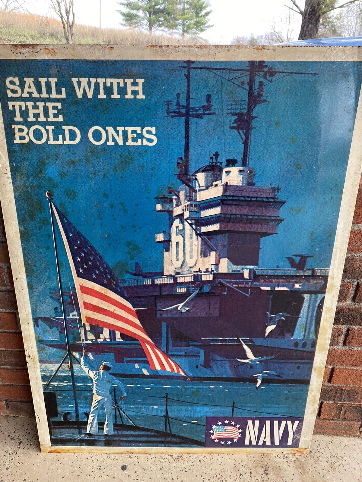 RARE VINTAGE VIETNAM ERA LARGE METAL NAVY RECRUITING DOUBLE SIDED SIGN 1966 ⚓️