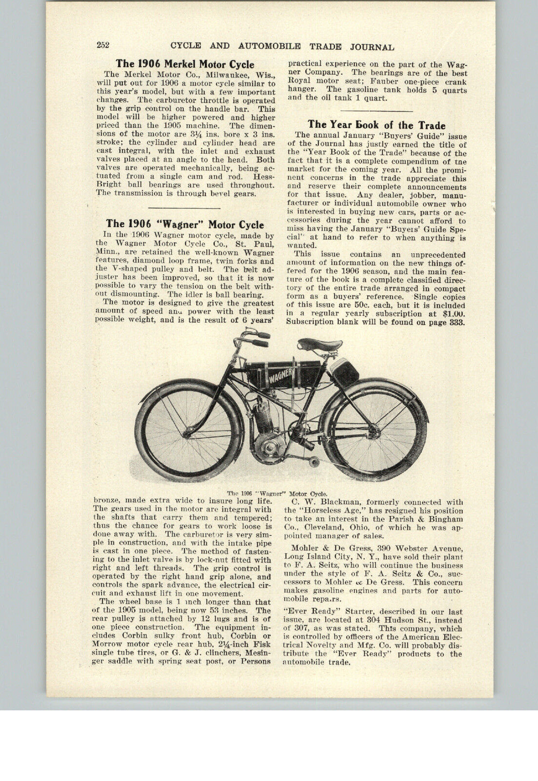 1905 PAPER AD 1906 Wagner Motorcycle Article Merkel Apecs Image