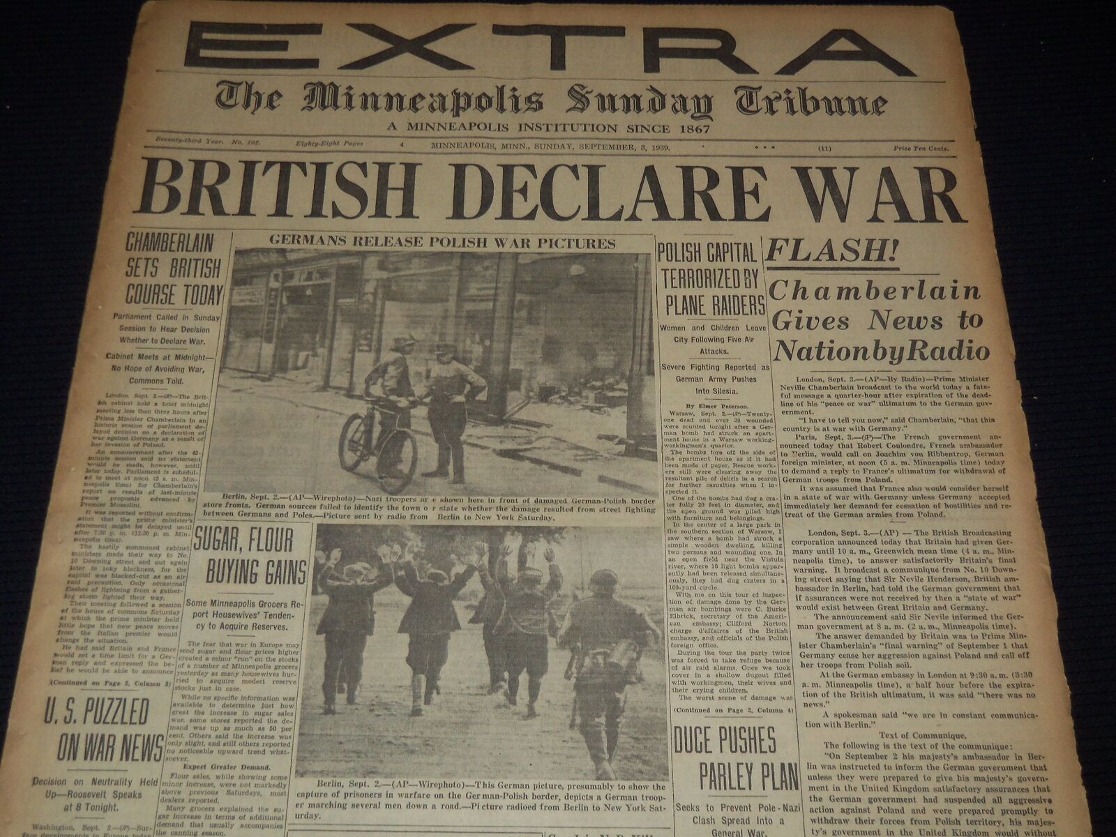 1939 SEPT 3 MINNEAPOLIS SUNDAY TRIBUNE EXTRA - BRITISH DECLARE WAR - NT 9519
