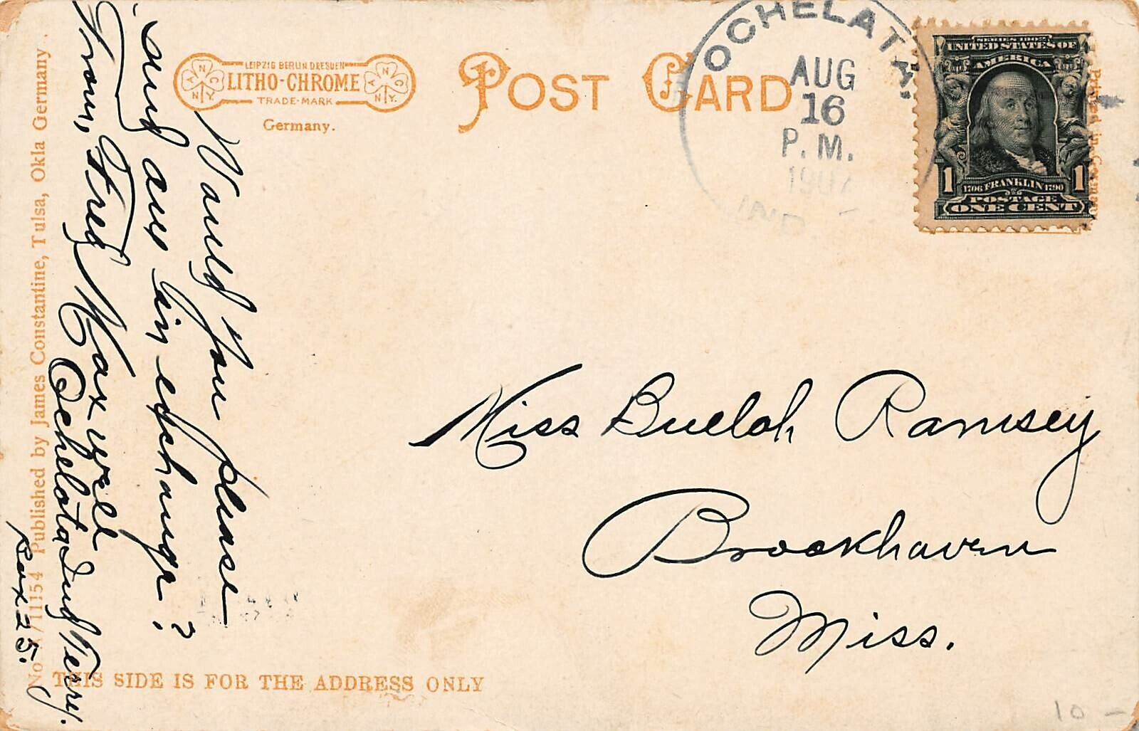 Ochelata Oklahoma 1907 Indian Zone Cancel Stamp Cherokee Territory Postcard B17