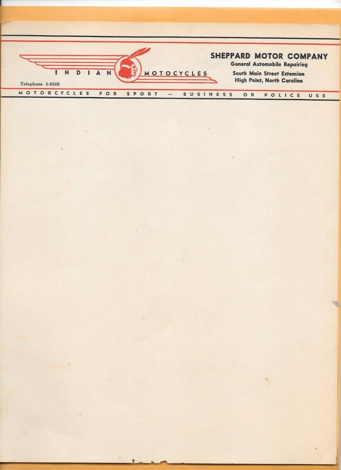 High Point, NC - Indian Motorcycles Letterhead - 1940s New Old Stock - RARE 