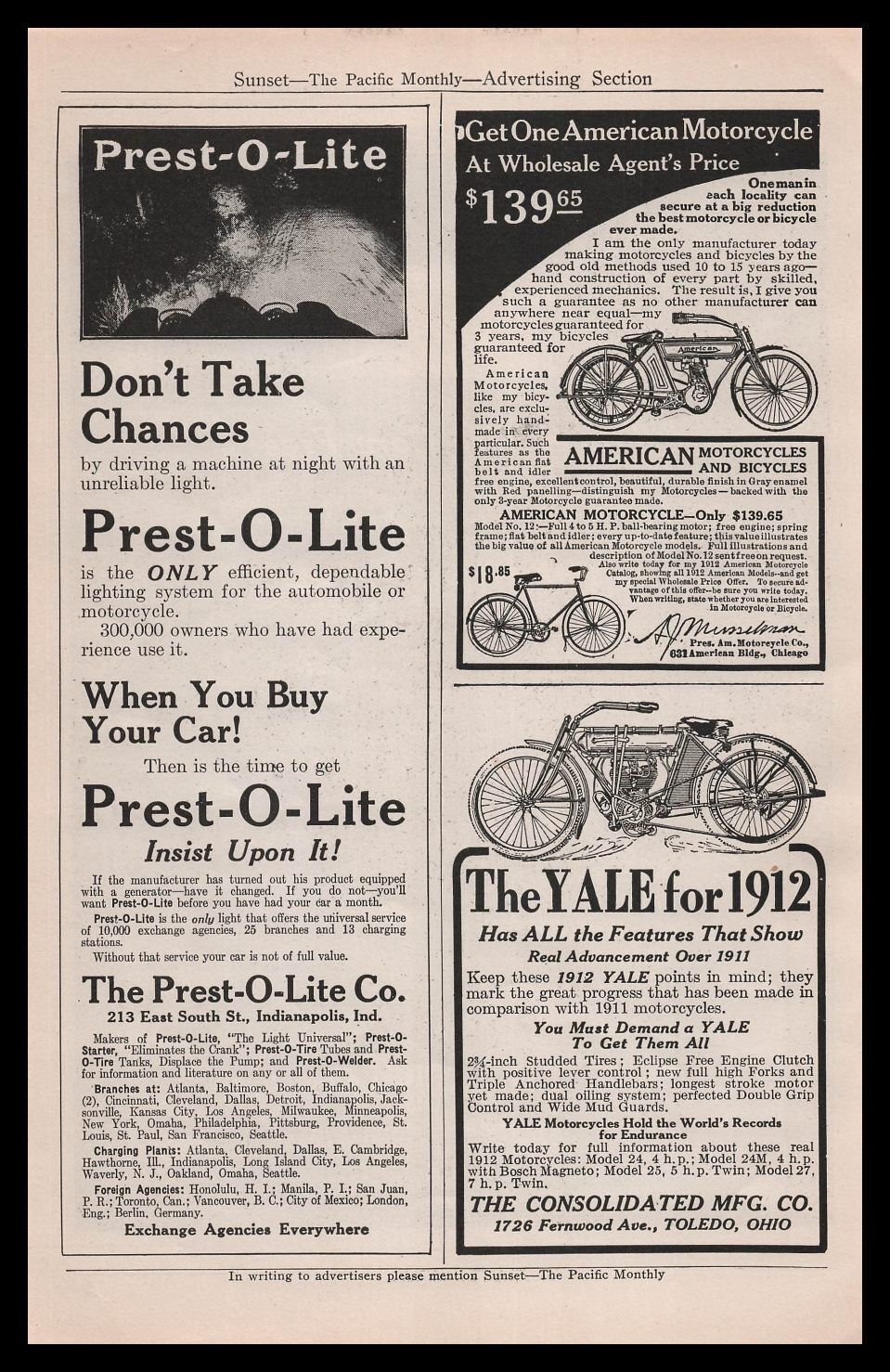 1912 American Motorcycle & Bicycle Consolidated Mfg. Yale Bike Vintage Print Ad