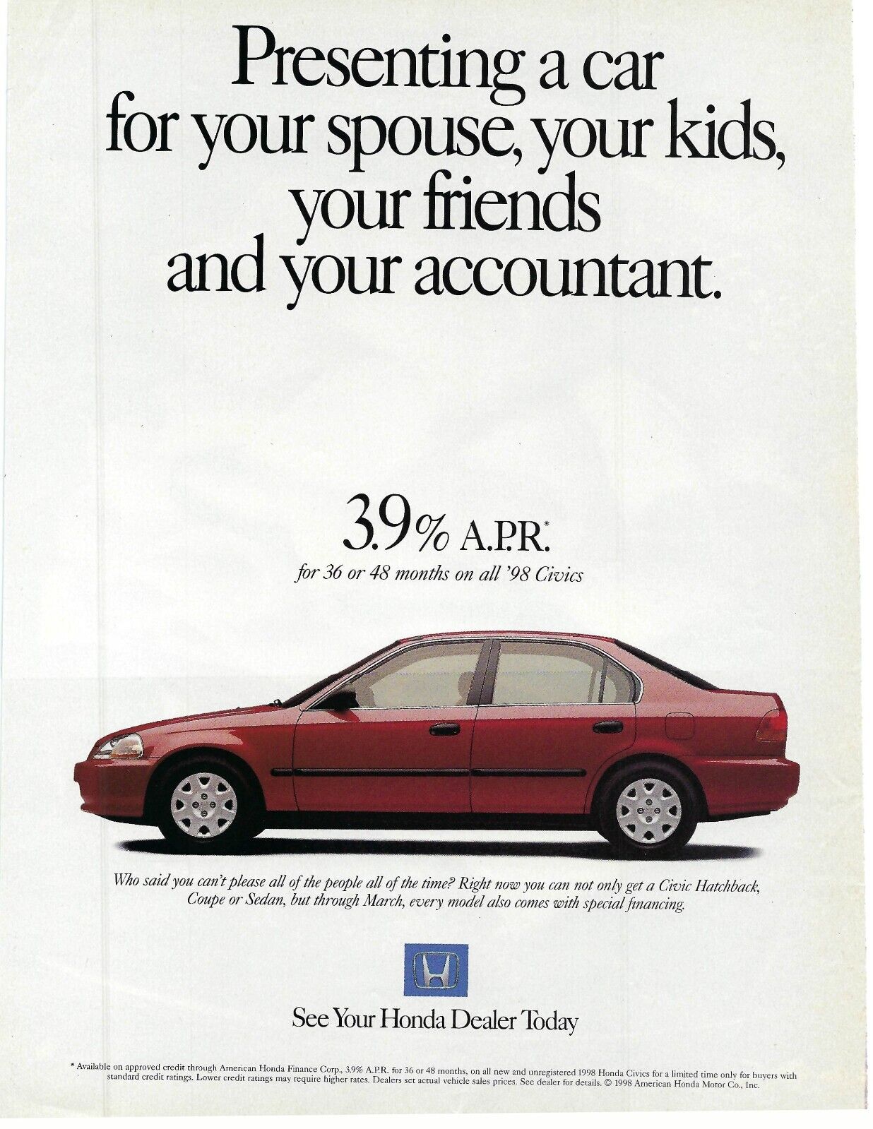 1998 Honda Civic A Car For Your Spouse, Kids, Vintage Magazine Print Ad/Poster