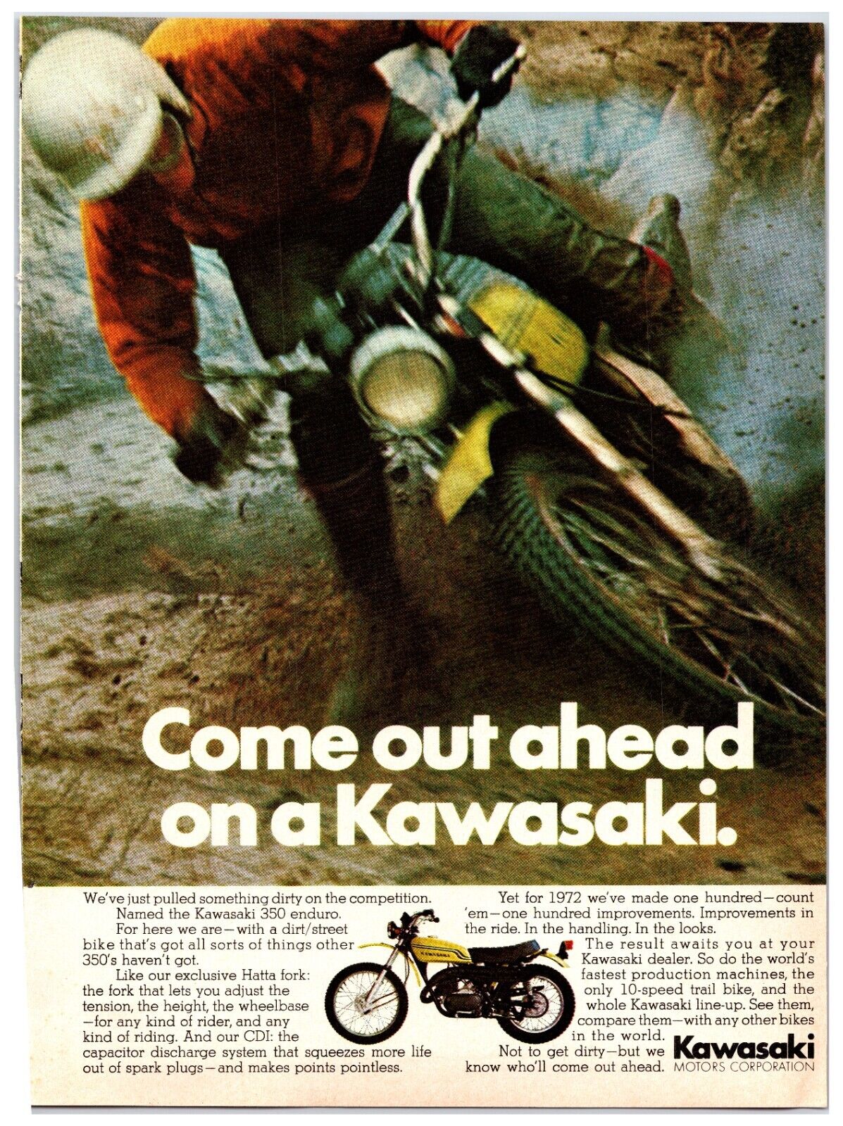 Vintage 1972 Kawasaki 350 Enduro Motorcycles Original Print Advertisement (8x11)