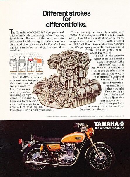 1972 Yamaha 650 XS-1B Motorcycle Original Advertisement Print Art Car Ad PE69