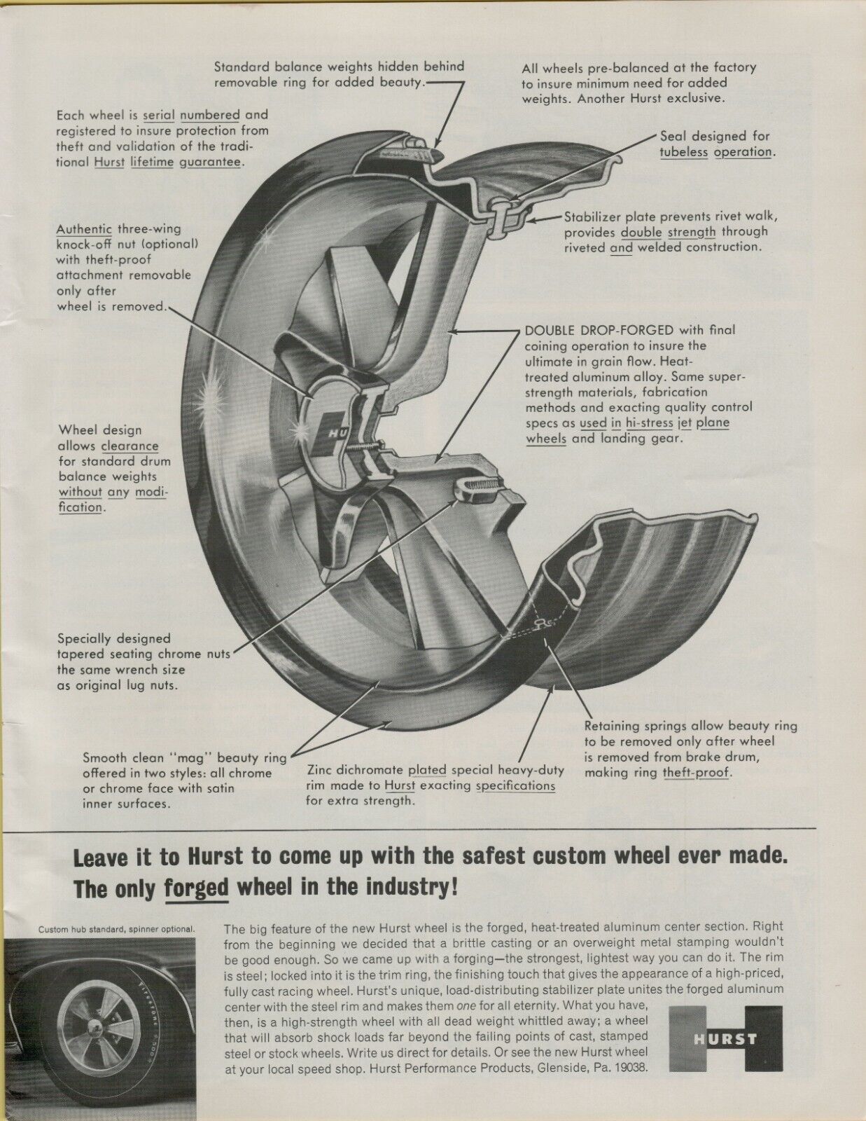 1965 Hurst Custom Forged Wheel Three Wing Knock Off Safest Vintage Print Ad