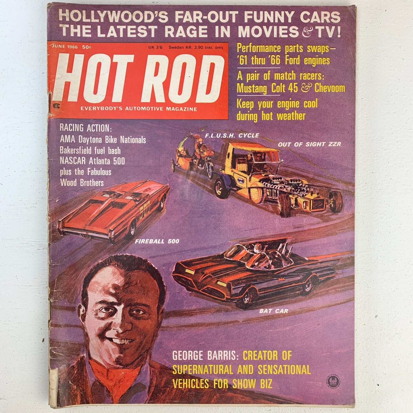 HOT ROD June 1966-Bakersfield-Cars for Movies & TV-Atlanta 500-AMA Daytona Bikes