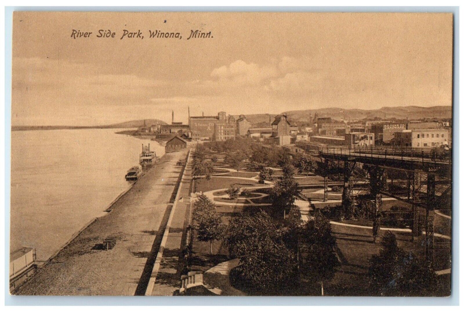 c1910 River Side Park Exterior Building Steamer Ship Winona Minnesota Postcard
