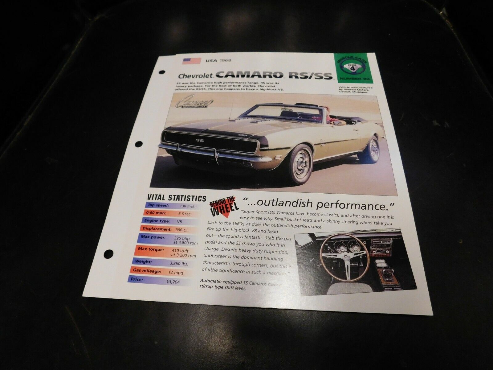 1968 Chevrolet Camaro RS SS Spec Sheet Brochure Photo Poster
