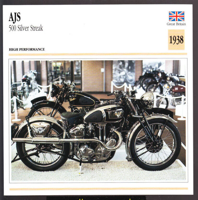 1938 AJS 500cc Silver Streak (498cc) Motorcycle Photo Spec Sheet Info Stat Card