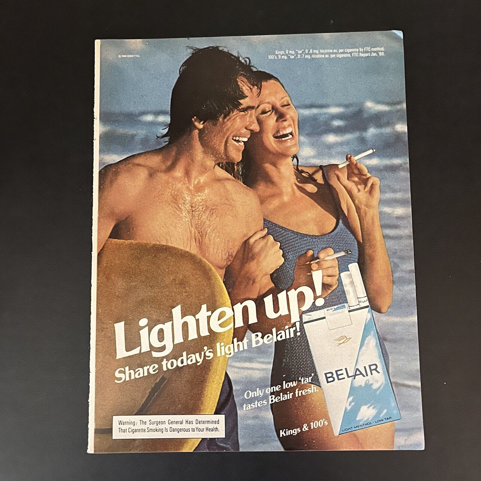 1980 Belair Cigarettes Print Ad Original Vintage Surfer Dude Man Woman Beach