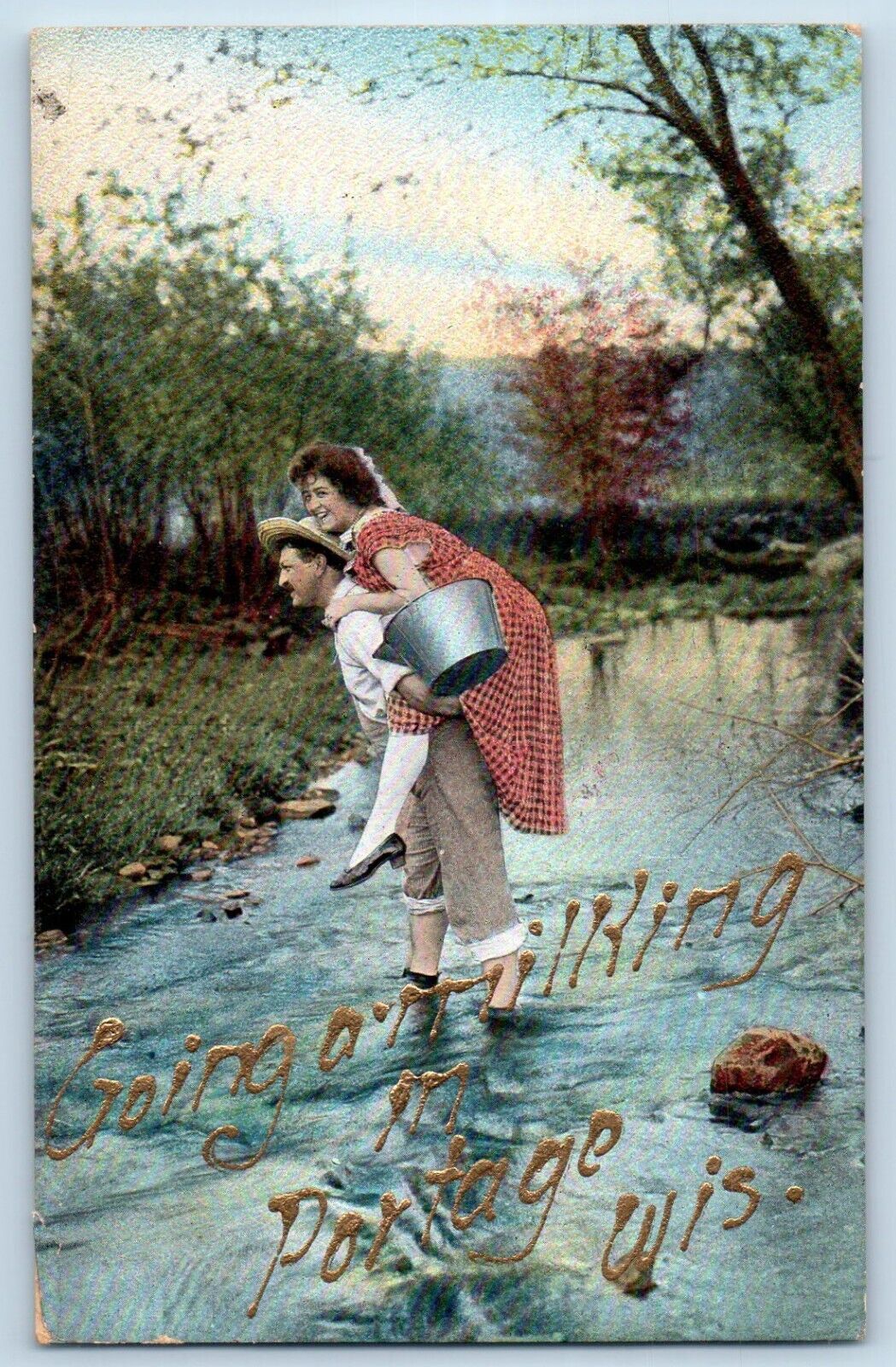 Portage Wisconsin Postcard Couple Lovers Glitter Exterior 1910 Vintage Antique